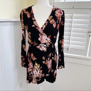 Lulus In Bloom Black Floral Long Sleeve Faux Wrap Mini Dress Size Medium